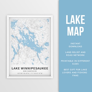 Mappa stampabile del lago Winnipesaukee, New Hampshire, Stati Uniti - Download istantaneo \ Mappa del lago \ Lake House Decor \ LakeLife \ Pesca \ Canottaggio