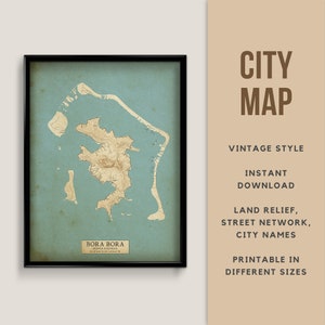 Vintage Stil Karte von Bora Bora, Französisch-Polynesien-Karte - Instant Download \ Strassenkarte ~ Wand Kunst ~ Poster ~ Vintage Stil ~ Karte Drucken