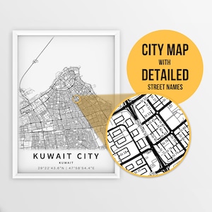 Druckbare Karte von Kuwait-Stadt, Kuwait mit Straßennamen - Sofort Download \ City Map \ Travel Gift \ City Poster \ Road Map Print \ Map Art