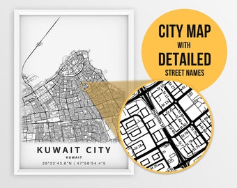 Printable Map of Kuwait City, Kuwait with Street Names - Instant Download \ City Map \ Travel Gift \ City Poster \ Road Map Print \ Map Art