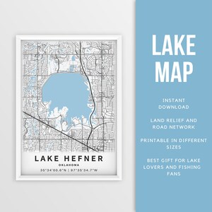 Mapa imprimible Lake Hefner, Oklahoma, EE. UU. - Descarga instantánea \ Mapa del lago \ Arte de la pared \ Cartel de pesca \ Decoración de la casa del lago \ LakeLife \ Paseos en bote