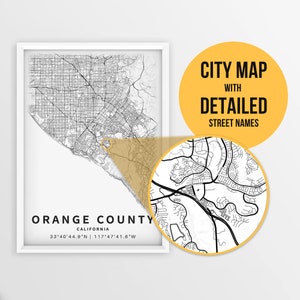 Carte imprimable du comté d’Orange, Californie, États-Unis avec noms de rues - Téléchargement instantané \ Plan de la ville \ Cadeau de voyage \ Affiche de la ville \ Impression de la carte routière