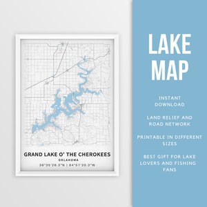 Mapa imprimible Grand Lake, Oklahoma, EE. UU. - Descarga instantánea \ Mapa del lago \ Arte de la pared \ Cartel de pesca \ Decoración de la casa del lago \ LakeLife \ Paseos en bote