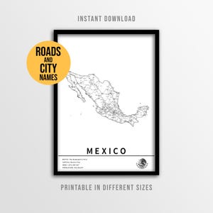 Póster del mapa de México, mapa de carreteras imprimible con nombres de ciudades (descarga instantánea)