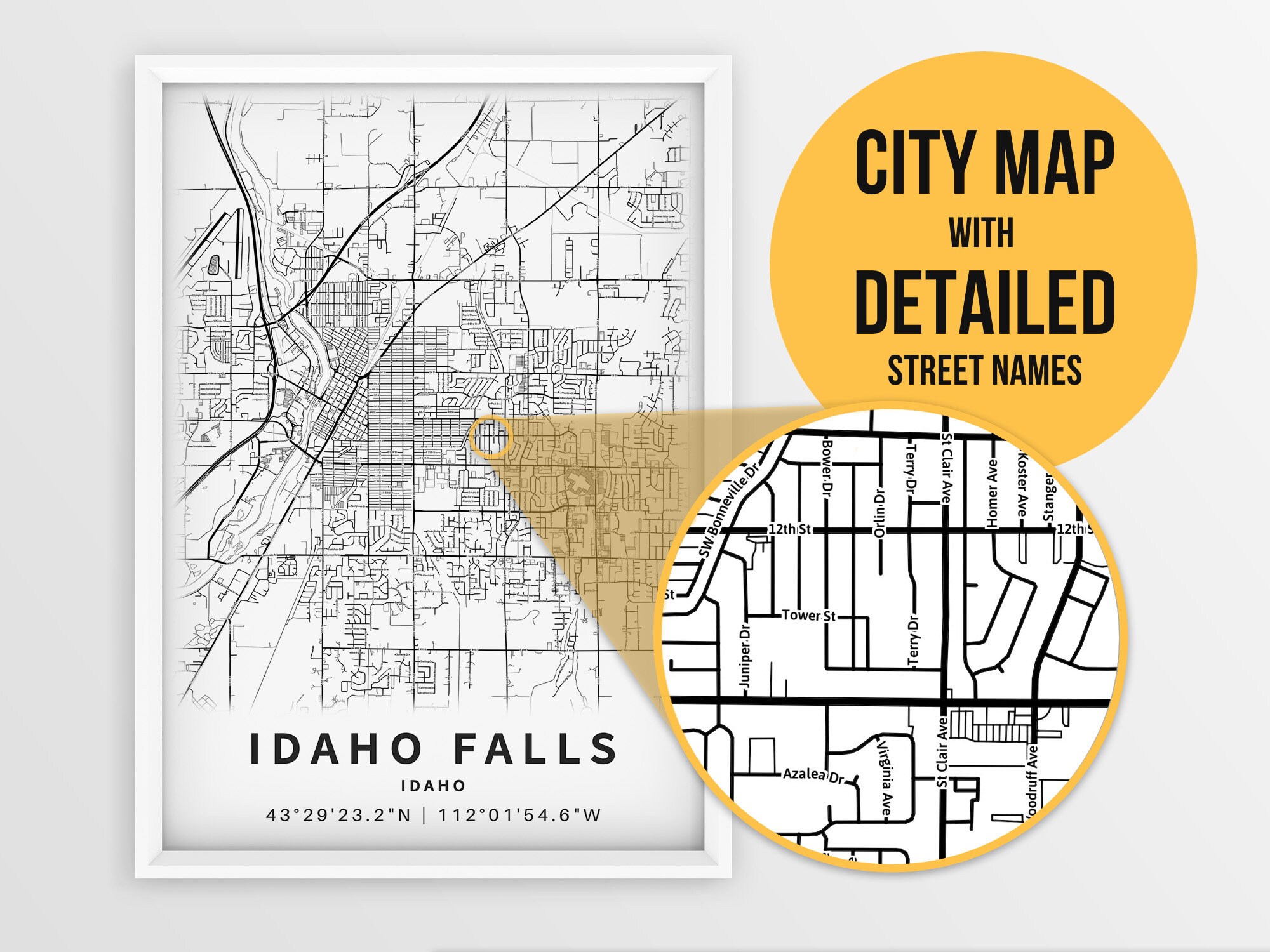 Printable Map of Idaho Falls ID USA With Street Names Etsy