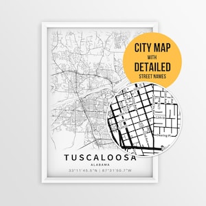 Karte von Tuscaloosa, Alabama mit Straßennamen, druckbares Stadtposter von Tuscaloosa (Sofort-Download)