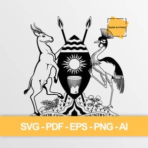 May include: A black and white graphic illustration of the Ugandan coat of arms featuring a central shield with a sun and drum, flanked by a kob and a crowned crane, with two crossed spears behind and the text FOR GOD AND MY COUNTRY at the base.