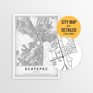 Peut inclure: Une carte de la ville en noir et blanc encadrée d'Ecatepec, au Mexique, avec les noms de rues détaillés. Un encart circulaire met en évidence une zone spécifique. La carte comprend le nom et les coordonnées de la ville.