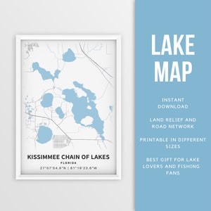 Afdrukbare kaart van Kissimmee Chain of Lakes, Florida, VS - Instant Download \ Lake Map \ Kaartposter \ Lake House Decor \ LakeLife \ Fishing