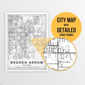 Printable Map of Broken Arrow, Oklahoma, USA with Street Names - Instant Download \ City Map \ Travel Gift \ City Poster \ Road Map Print