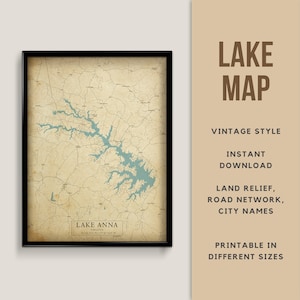 Mapa de estilo vintage del lago Anna, Virginia, EE. UU. con nombres de ciudades - Descarga instantánea \ Mapa del lago \ Arte de la pared \ Cartel imprimible \ Mapa rústico