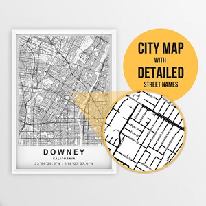 Printable Map of Downey, California, USA with Street Names - Instant Download \ City Map \ Travel Gift \ City Poster \ Road Map Print