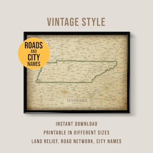May include: A framed vintage-style map of Tennessee, featuring roads, city names, and land relief. The map is in a black frame and includes the text "Tennessee, United States". The map is available as an instant download and printable in different sizes.