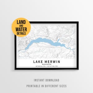 Lake Merwin Map Print, Washington State Lewis River Printable Lake House Decor (Instant Download)