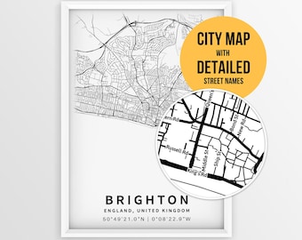 Brighton England Map with Street Names, Printable Brighton City Poster (Instant Download)