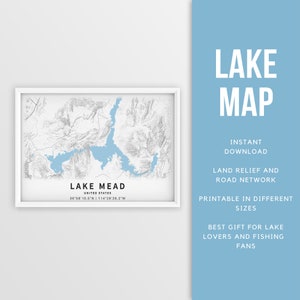 Afdrukbare kaart Lake Mead, Colorado River, Nevada en Arizona, VS - Instant Download \ Visserijposter \ Lake House Decor \ LakeLife \ Varen