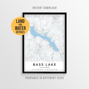 Bass Lake Map Poster, Printable California Lake House Decor (Instant Download)