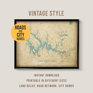 Tims Ford Lake Tennessee Karte, Vintage Stil druckbare Kunst (Instant Download)