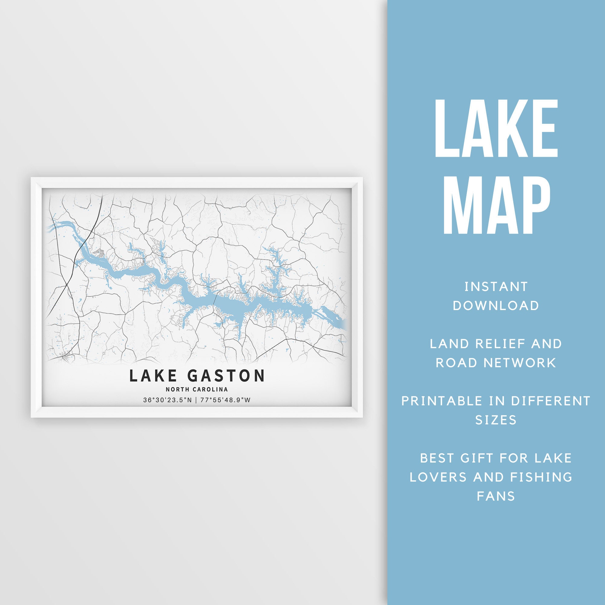 Printable Map of Lake Gaston, North Carolina, US Instant Download Lake Map  Map Poster Lake House Decor Lakelife Fishing boating 