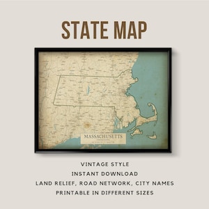 Massachusetts Map Printable Vintage Style poster - Instant Download, Road Map, Massachusetts Poster, Massachusetts Boston Antique map