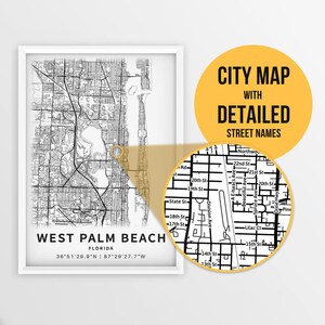 Afdrukbare kaart van West Palm Beach, Florida, VS met straatnamen - Instant Download \ Stadsplattegrond \ Reiscadeau \ Stadsposter \ Routekaart afdrukken