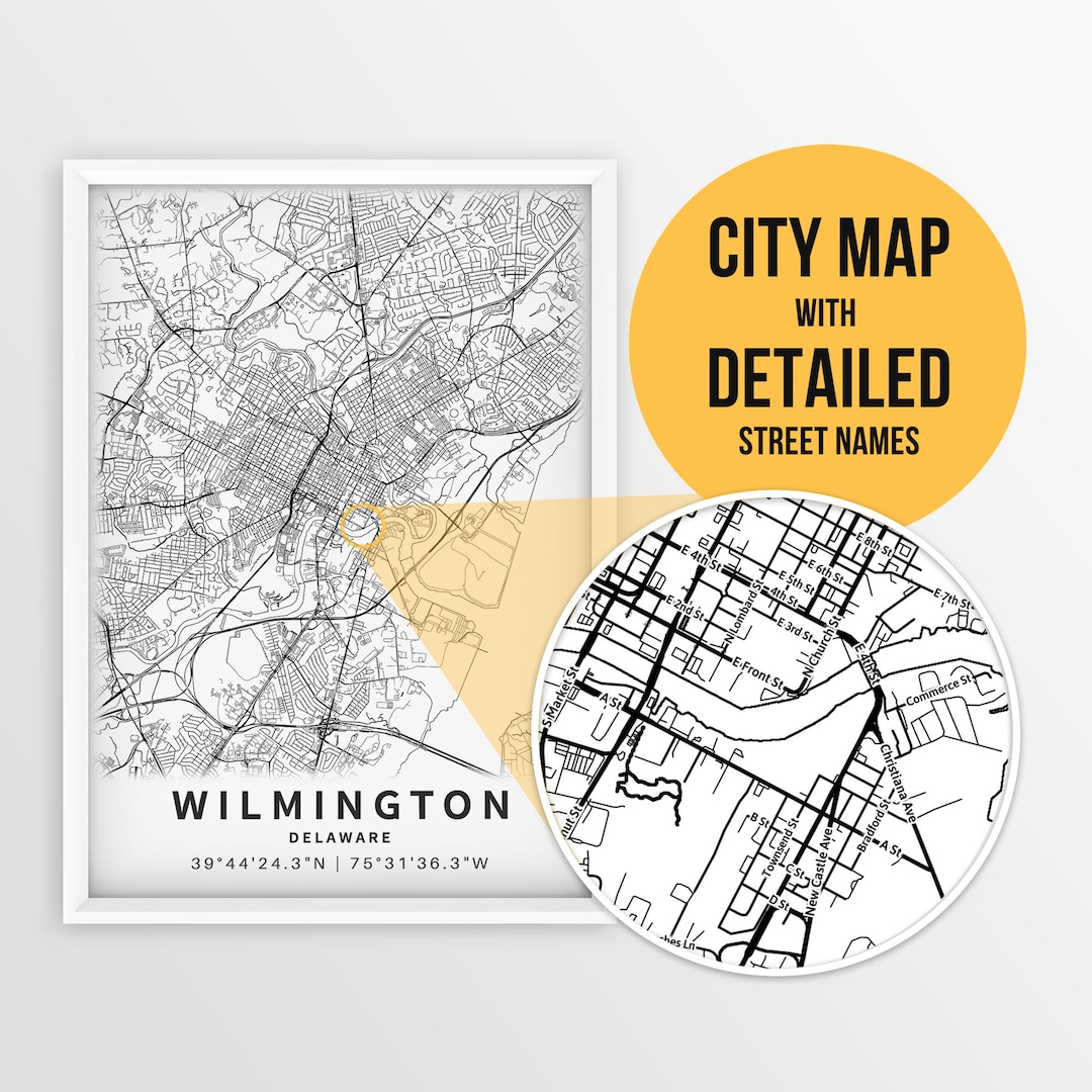Delaware Names Printable Map of Wilmington, Delaware, USA With Street Names - Instant ...