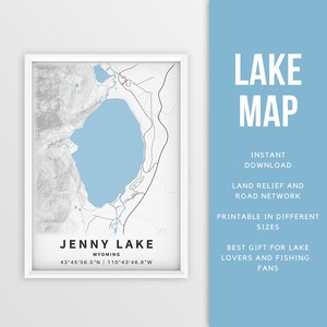 Carte imprimable de Jenny Lake, Wyoming - Téléchargement instantané \ Carte du lac \ Art mural \ Affiche de carte \ Lake House Decor \ LakeLife \ Pêche \ Navigation de plaisance