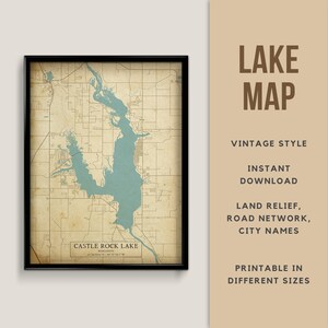Carte de style vintage imprimable de Castle Rock Lake, Wisconsin, États-Unis avec des noms de ville - téléchargement immédiat \ carte du lac \ art mural \ affiche de carte