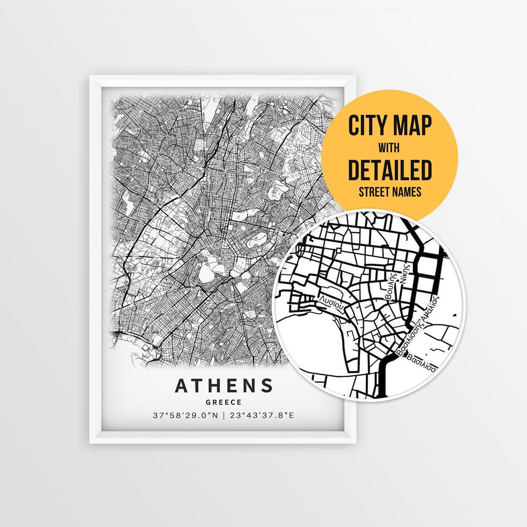 Athens Greece Map With Street Names, Printable Athens City Poster ...