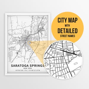 Afdrukbare kaart van Saratoga Springs, New York, VS kaartprint met straatnamen - Instant Download \ Stadsplan \ Muurkunst \ Afdrukbare poster