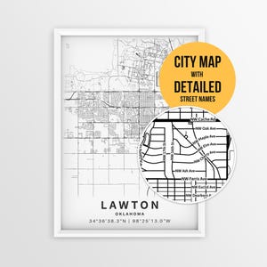 May include: A framed black and white map of Lawton, Oklahoma, featuring street grids and coordinates. A circular inset shows a magnified view of street names like NW Cache Rd and NW Oak Ave. A yellow circle contains the text CITY MAP WITH DETAILED STREET NAMES.