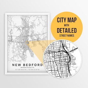 Printable Map of New Bedford, Massachusetts with Street Names - Instant Download \ City Map \ Travel Gift \ City Poster \ Road Map Print