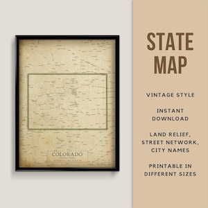 Póster imprimible de estilo vintage del estado de Colorado (descarga instantánea), mapa de carreteras, póster de Colorado, estilo antiguo, Denver, Colorado Springs