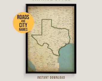 Texas Vintage Style Map with roads and city names, Printable Texas Poster (Instant Download)