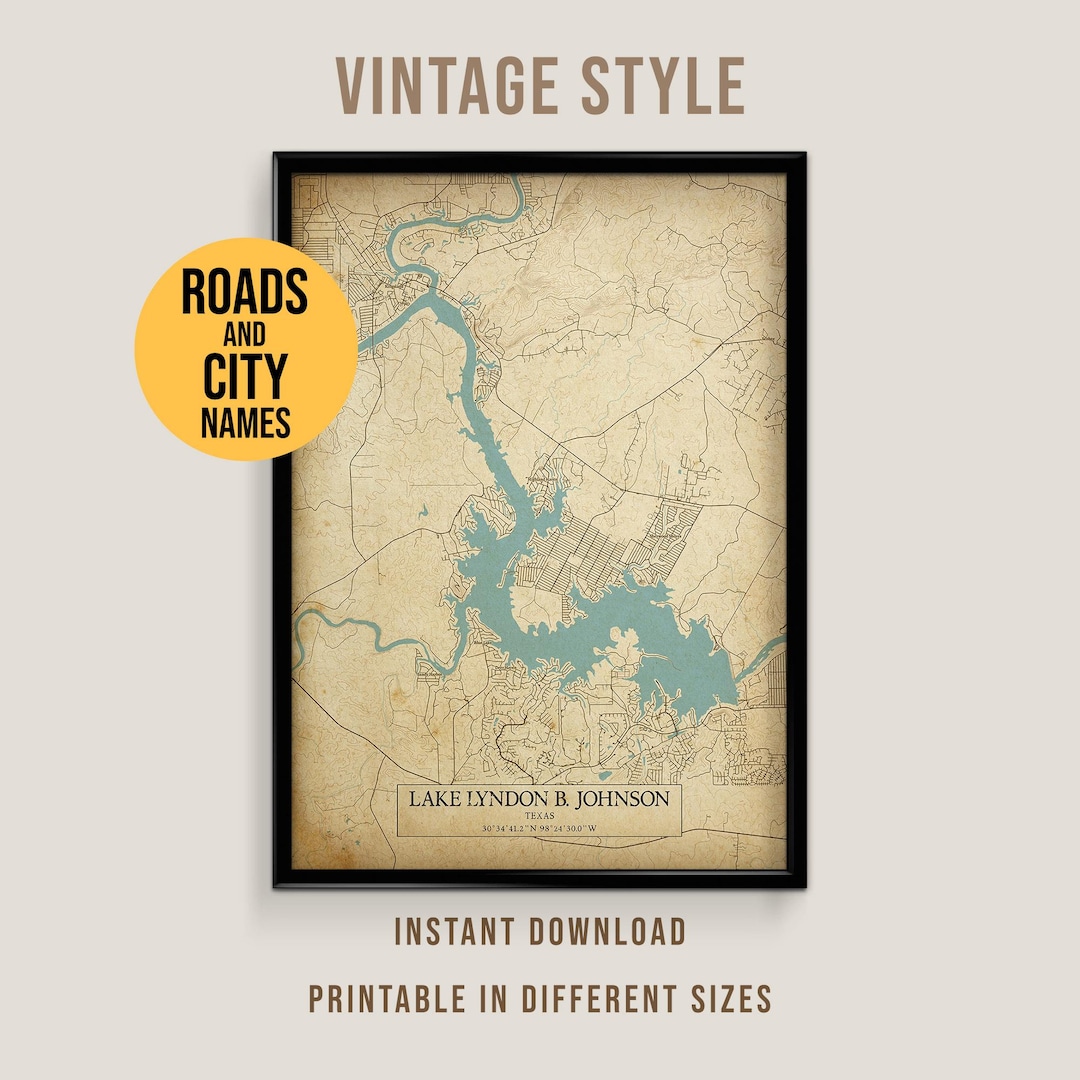 Printable Vintage Lake LBJ Map Texas Hill Country Lake House Wall Art Il 7lqk 