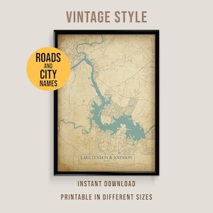 Printable Vintage Lake LBJ Map, Texas Hill Country Lake House Wall Art (Instant Download)