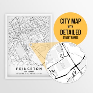 Printable Map of Princeton, New Jersey, USA with Street Names - Instant Download \ City Map \ Travel Gift \ City Poster \ Road Map Print
