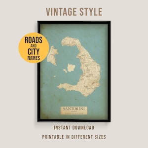 Santorini, Greece Vintage Style Map, Printable Fira Santorini Poster (Instant Download)
