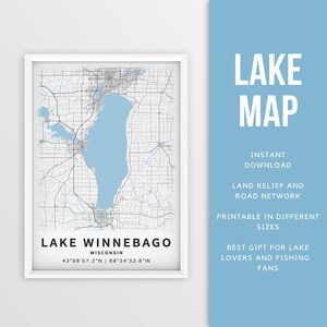Mapa imprimible del lago Winnebago, Wisconsin, EE. UU. - Descarga instantánea \ Mapa del lago \ Cartel del mapa \ Decoración de la casa del lago \ LakeLife \ Pesca \ Paseos en bote