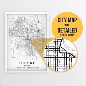 Druckbare Karte von Eugene, Oregon, USA mit Straßennamen - Sofort Download \ City Map \ Travel Gift \ City Poster \ Road Map Print \ Map Art