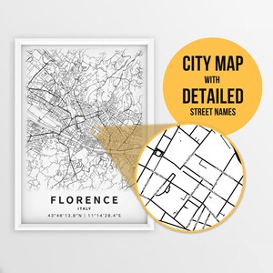 Afdrukbare kaart van Florence, Italië met straatnamen - Instant Download \ Stadsplattegrond \ Reiscadeau \ Stadsposter \ Routekaart afdrukken \ Muurkunst