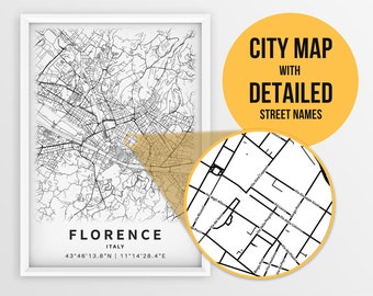 Printable Map of Florence, Italy with Street Names - Instant Download \ City Map \ Travel Gift \ City Poster \ Road Map Print \ Wall Art