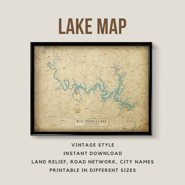 Vintage Style Map of Bull Shoals Lake, Arkansas - Missouri, USA with City names - Instant Download \ Lake Map \ Wall Art \ Lake Poster