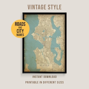 Seattle, Washington Vintage Style Map, Printable Seattle City Poster (Instant Download)