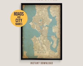 Mapa vintage de Seattle, Washington. Póster imprimible de la ciudad de Seattle (descarga instantánea).