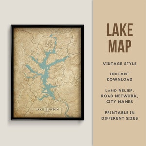 Mapa de estilo vintage del lago Burton, Georgia, EE. UU. con nombres de ciudades - Descarga instantánea \ Mapa del lago \ Arte de la pared \ Cartel del lago \ Mapa rústico