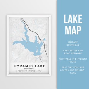 Mapa imprimible de Pyramid Lake, California, EE. UU. - Descarga instantánea \ Mapa del lago \ Cartel del mapa \ Decoración de la casa del lago \ LakeLife \ Pesca \ Paseos en bote