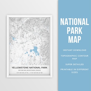 Afdrukbare kaart Yellowstone National Park, topografieposter Yellowstone - direct downloaden, routekaart, kaartposter, wandelcadeau, routekaart