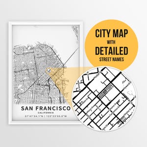 Downtown San Francisco, California with Street Names - Instant Download \ City Map \ Travel Gift \ City Poster \ Printable Map \ Wall Art