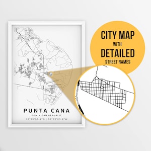 Karte von Punta Cana, Dominikanische Republik mit Straßennamen - Sofort Download \ City Map \ Travel Gift \ City Poster \ Road Map Print